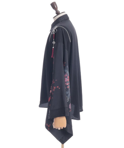 Autumn Leaves & Folding Fan Japanese Sleeve Shirt with Zip