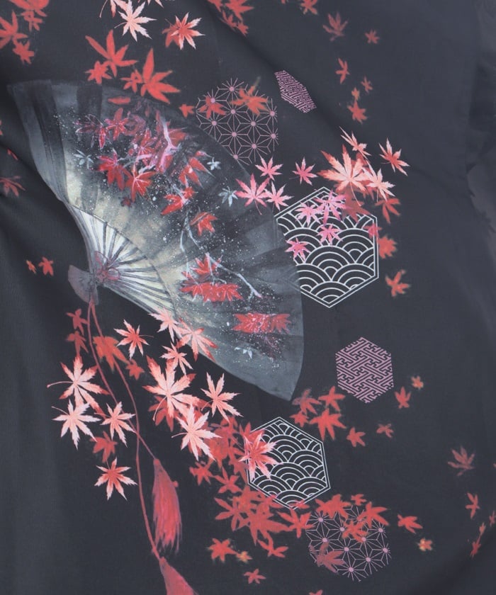 Autumn Leaves & Folding Fan Japanese Sleeve Shirt with Zip
