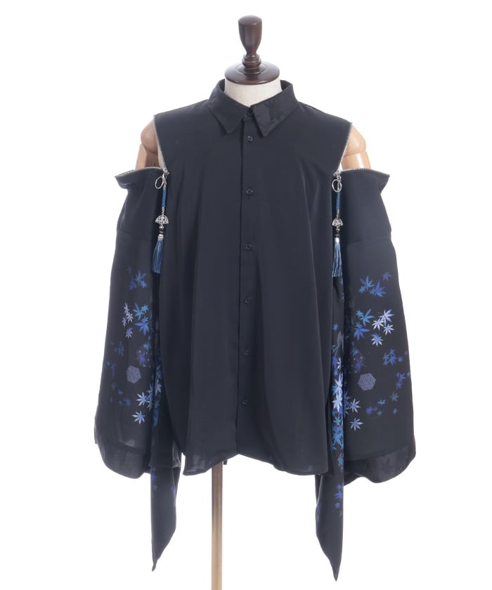 Autumn Leaves & Folding Fan Japanese Sleeve Shirt with Zip