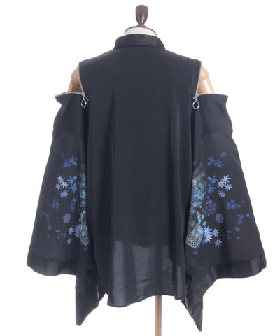 Autumn Leaves & Folding Fan Japanese Sleeve Shirt with Zip