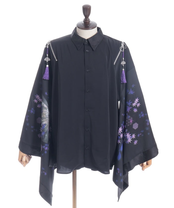 Autumn Leaves & Folding Fan Japanese Sleeve Shirt with Zip