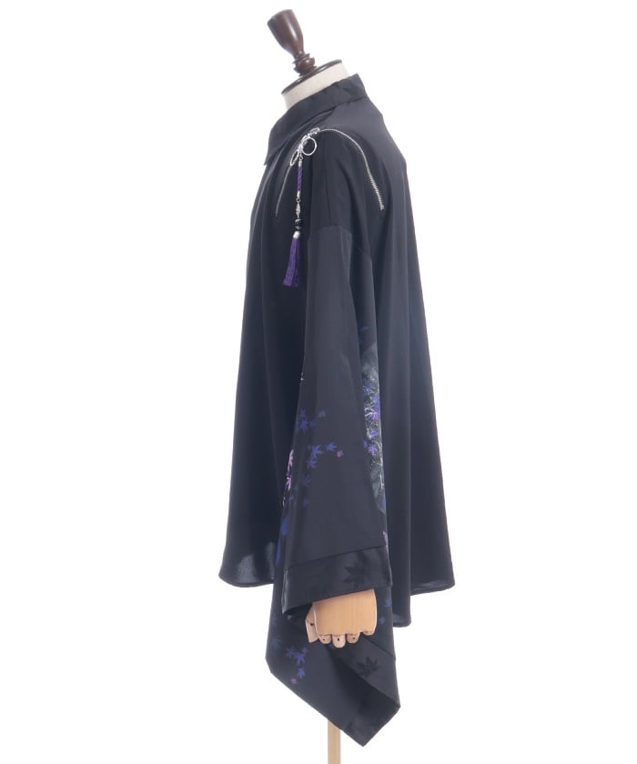 Autumn Leaves & Folding Fan Japanese Sleeve Shirt with Zip