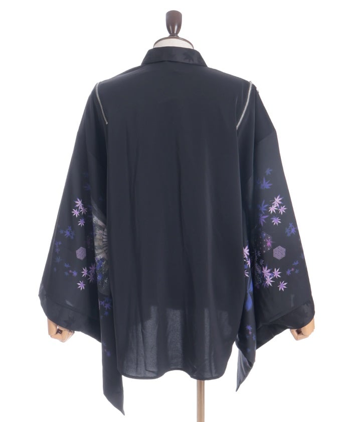 Autumn Leaves & Folding Fan Japanese Sleeve Shirt with Zip