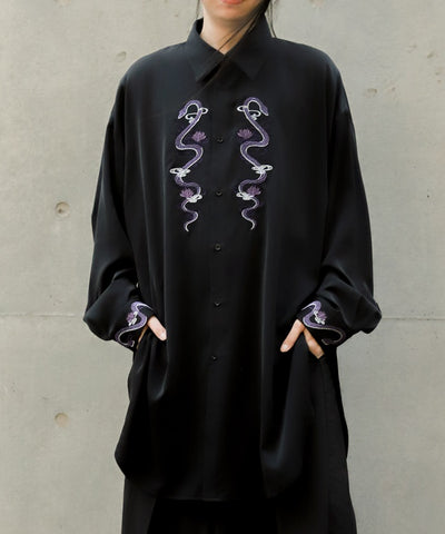 Snake & Lotus Embroidery Long Shirt