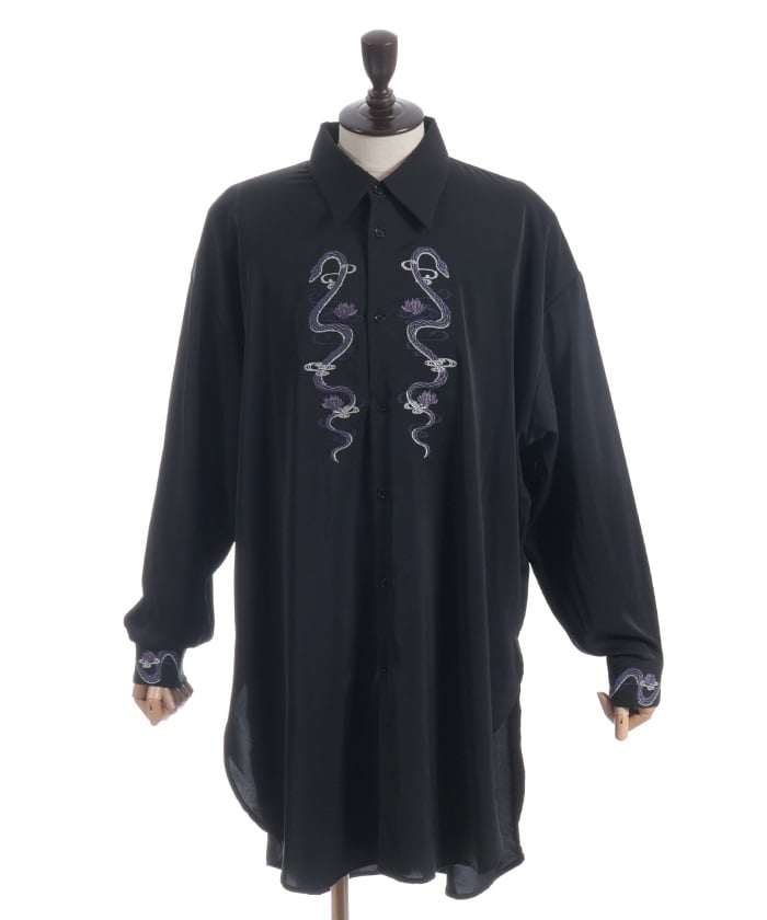 Snake & Lotus Embroidery Long Shirt