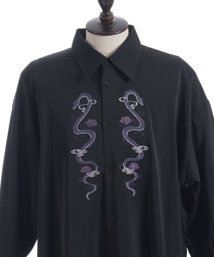 Snake & Lotus Embroidery Long Shirt