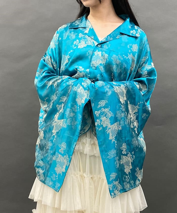 Folding Fan Jacquard Kimono Style Long Sleeve Shirt