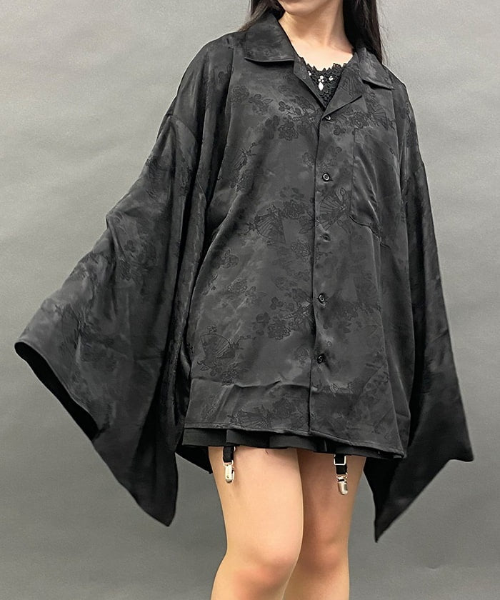 Folding Fan Jacquard Kimono Style Long Sleeve Shirt