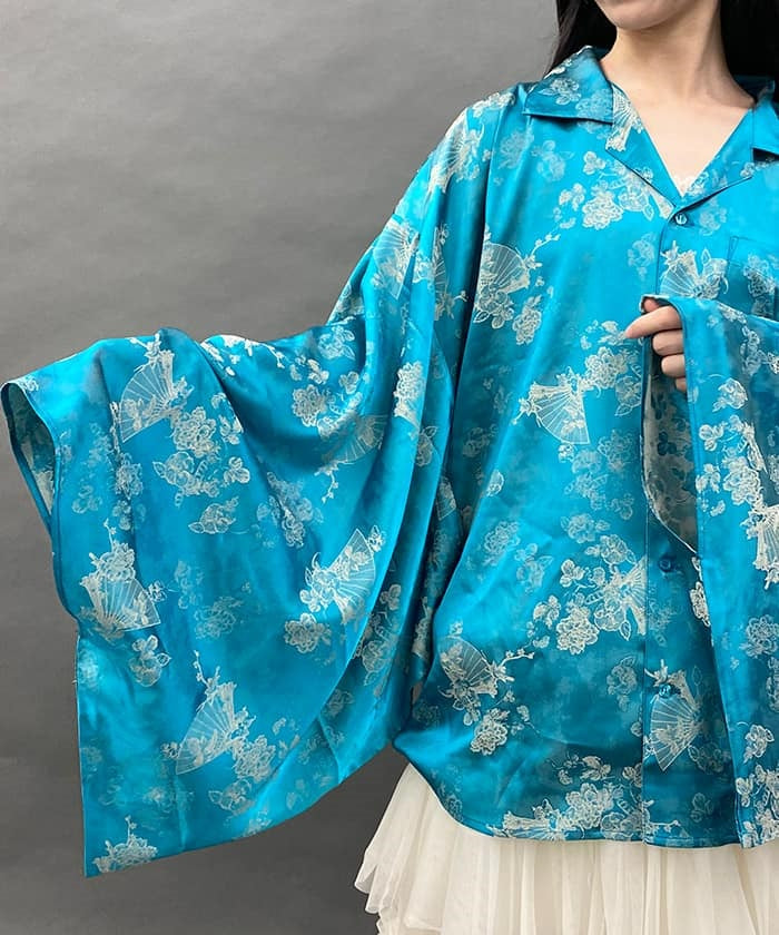 Folding Fan Jacquard Kimono Style Long Sleeve Shirt