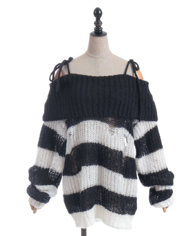Striped Off-Shoulder Knit Pullover