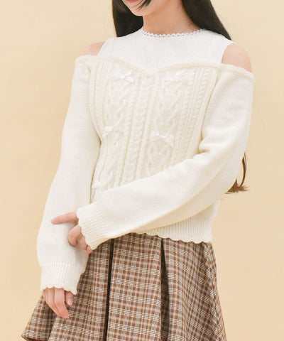 Many Ribbon Open Shoulder Knit Pullover