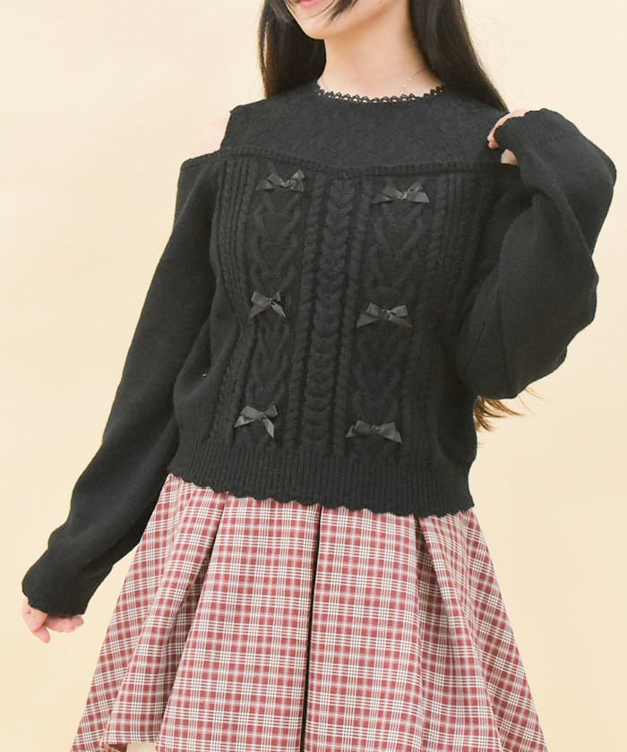 Many Ribbon Open Shoulder Knit Pullover