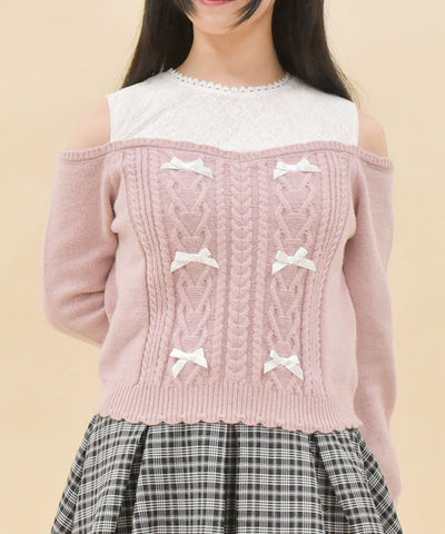 Many Ribbon Open Shoulder Knit Pullover