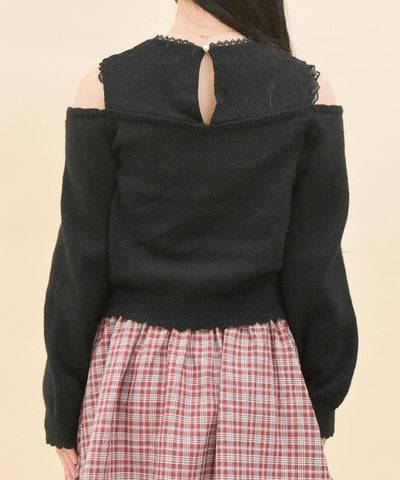 Many Ribbon Open Shoulder Knit Pullover