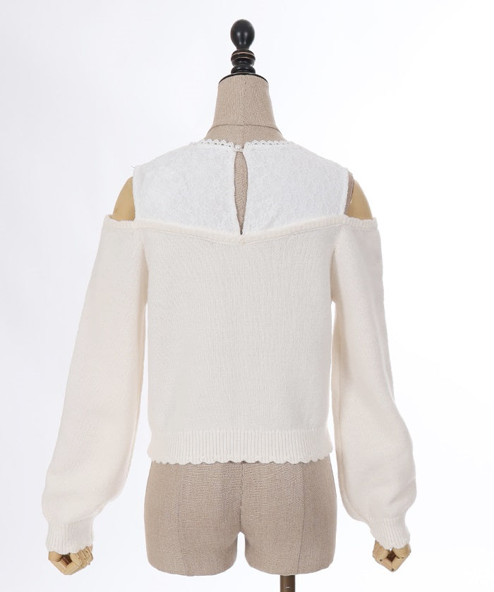 Many Ribbon Open Shoulder Knit Pullover