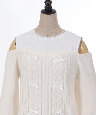 Many Ribbon Open Shoulder Knit Pullover