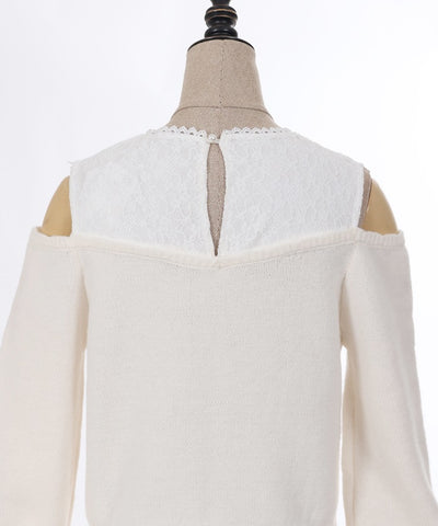 Many Ribbon Open Shoulder Knit Pullover