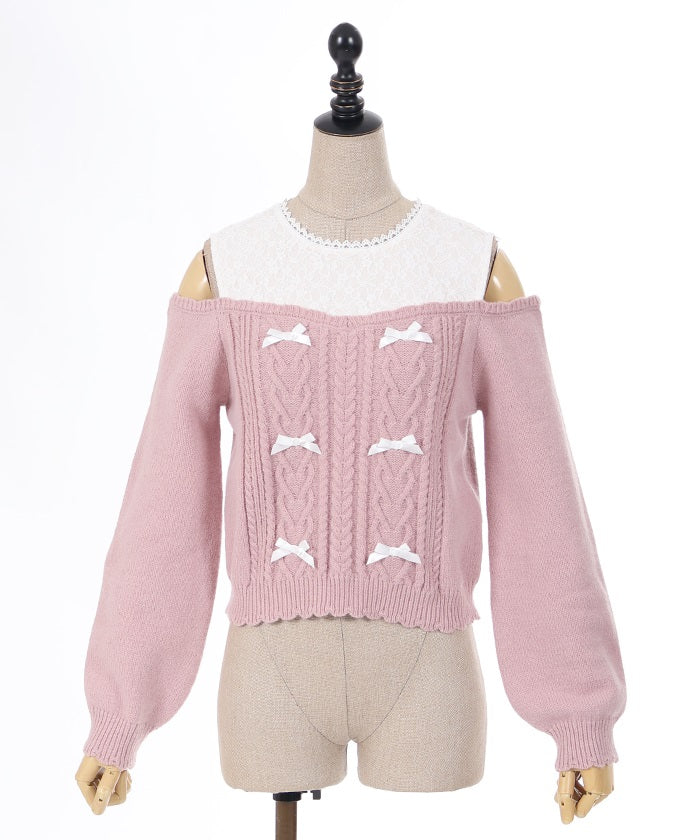 Many Ribbon Open Shoulder Knit Pullover