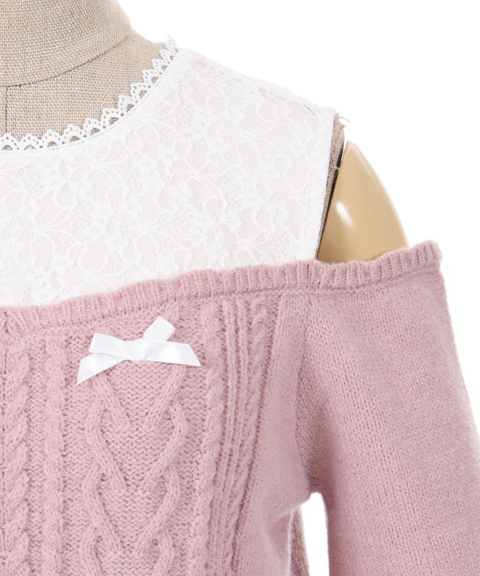 Many Ribbon Open Shoulder Knit Pullover