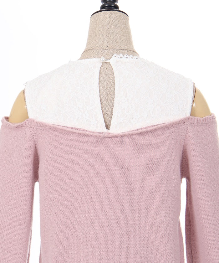 Many Ribbon Open Shoulder Knit Pullover