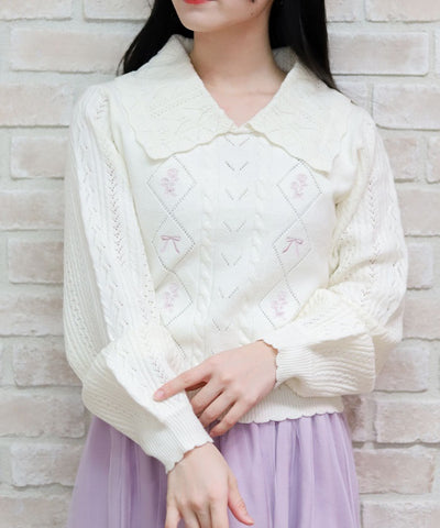 Bouquet Embroidery Big Collar Knit Pullover