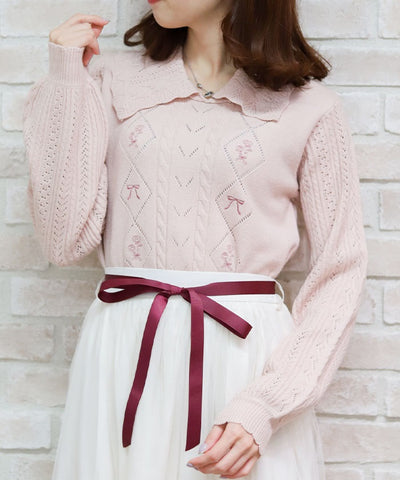 Bouquet Embroidery Big Collar Knit Pullover