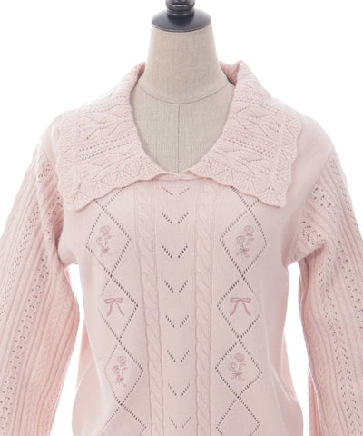 Bouquet Embroidery Big Collar Knit Pullover