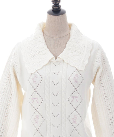 Bouquet Embroidery Big Collar Knit Pullover