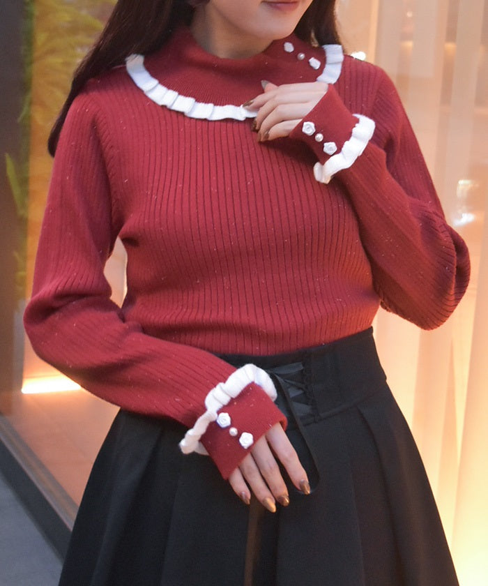 Bicolor Frill Rose Knit Top
