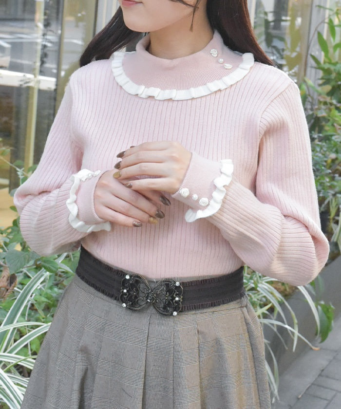 Bicolor Frill Rose Knit Top
