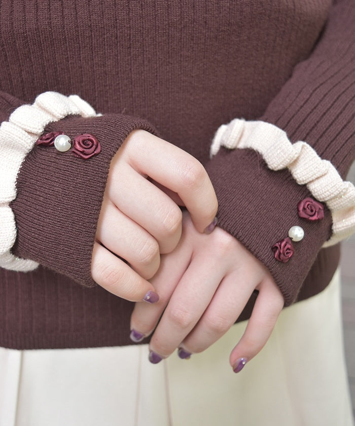 Bicolor Frill Rose Knit Top