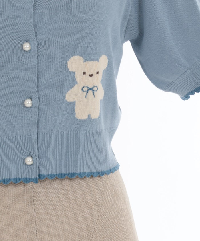 Bear Pattern Short Sleeve Knit Cardigan