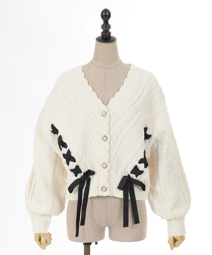 Lace-Up Velour Chenille Cardigan