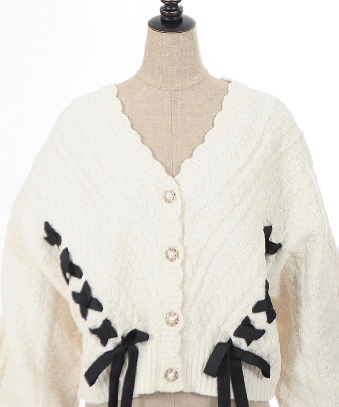 Lace-Up Velour Chenille Cardigan