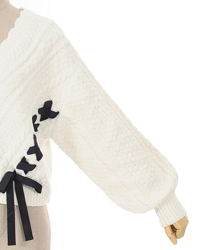 Lace-Up Velour Chenille Cardigan