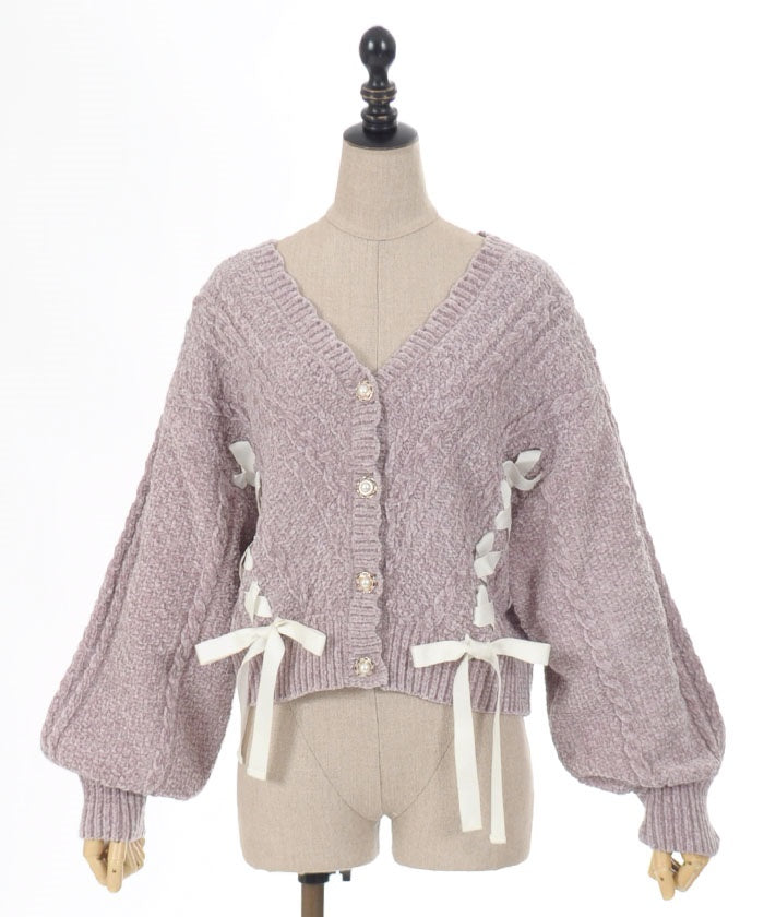 Lace-Up Velour Chenille Cardigan