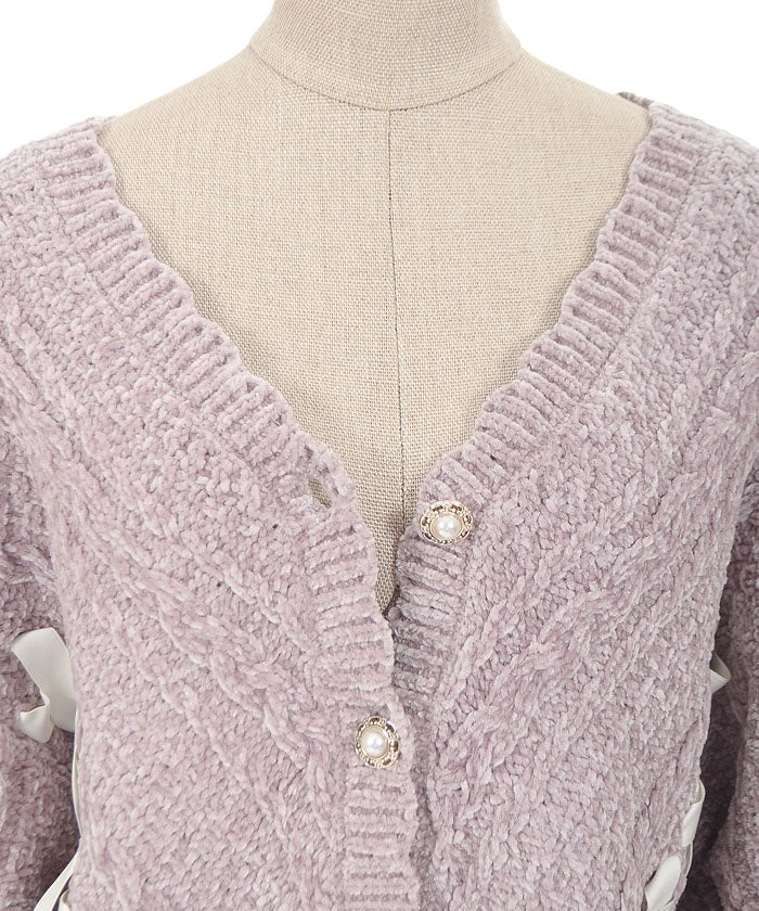 Lace-Up Velour Chenille Cardigan