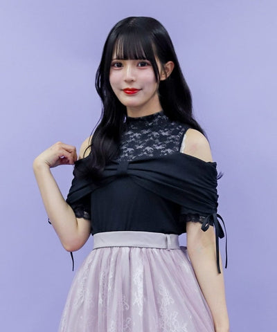 Ribbon Design Open Shoulder Pullover