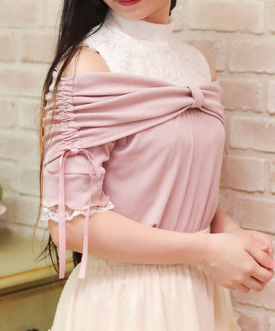 Ribbon Design Open Shoulder Pullover