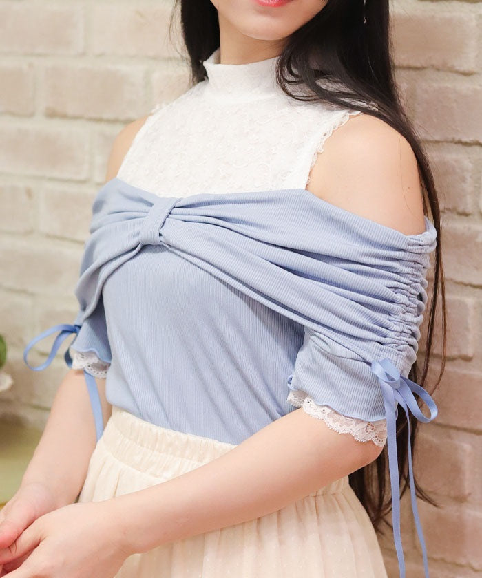 Ribbon Design Open Shoulder Pullover