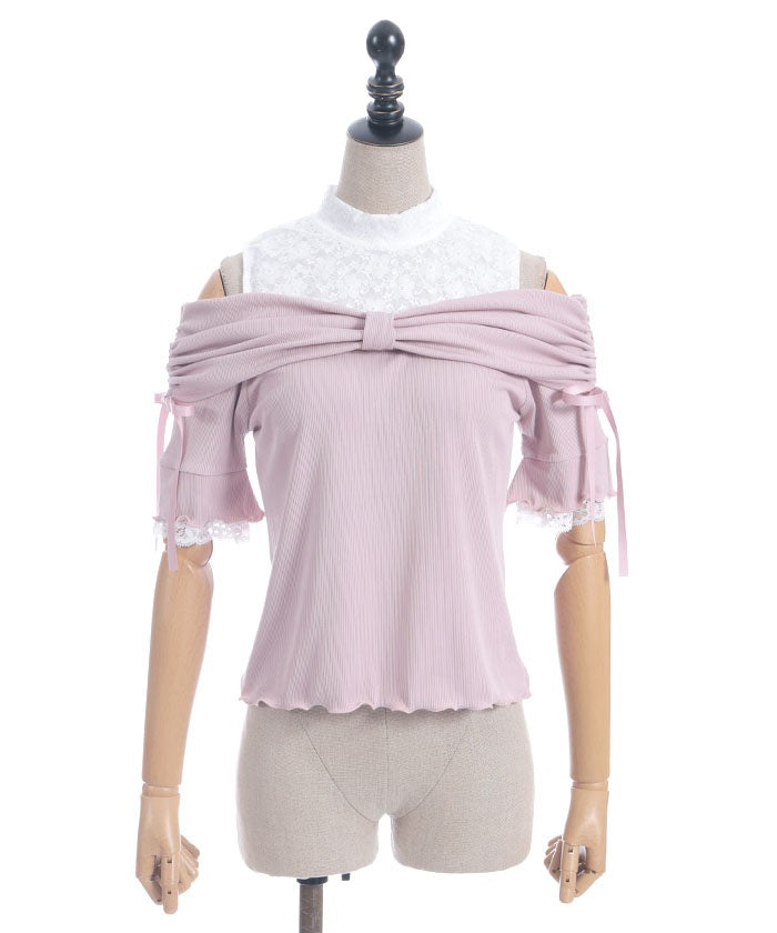 Ribbon Design Open Shoulder Pullover
