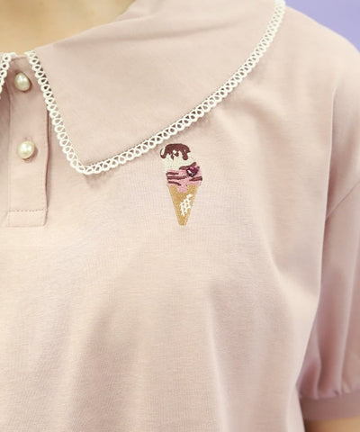 Ice Cream Embroidery Collared Pullover