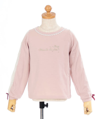 Ribbon & Lace Sleeve Lamé Embroidery T-Shirt