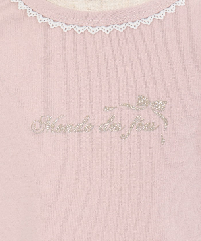 Ribbon & Lace Sleeve Lamé Embroidery T-Shirt