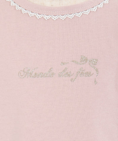 Ribbon & Lace Sleeve Lamé Embroidery T-Shirt