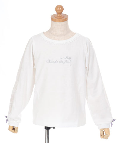 Ribbon & Lace Sleeve Lamé Embroidery T-Shirt