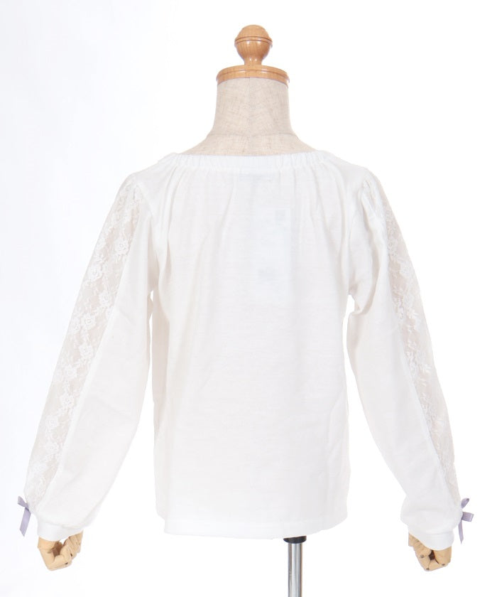 Ribbon & Lace Sleeve Lamé Embroidery T-Shirt