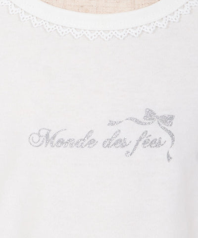 Ribbon & Lace Sleeve Lamé Embroidery T-Shirt