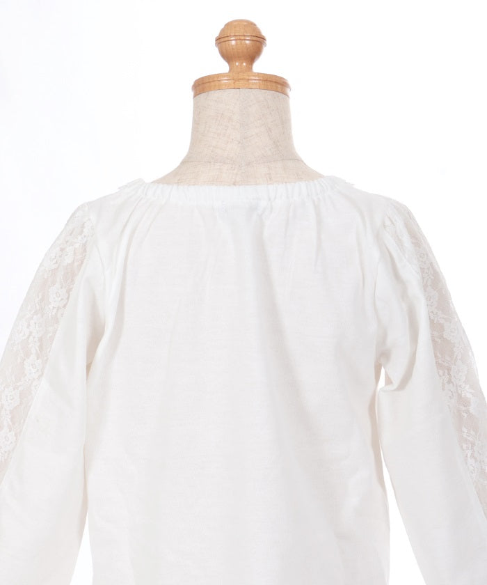 Ribbon & Lace Sleeve Lamé Embroidery T-Shirt