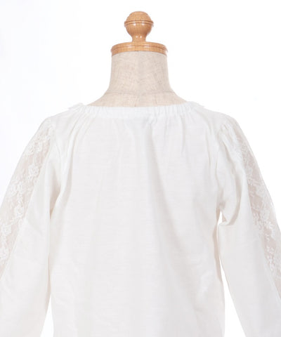 Ribbon & Lace Sleeve Lamé Embroidery T-Shirt